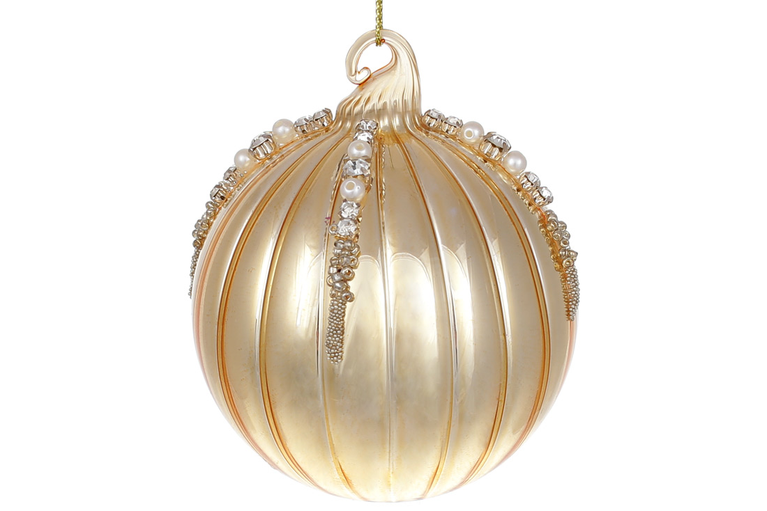 Ялинкова куля рельєфної форми з декором зі страз та бусин 8см, колір - ванільне золото - Фото