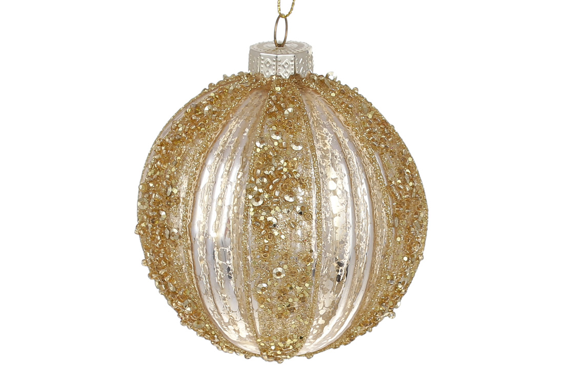 Ялинкова куля рельєфної форми з декором з гліттера та паєток 8см, колір - світле золото - Фото