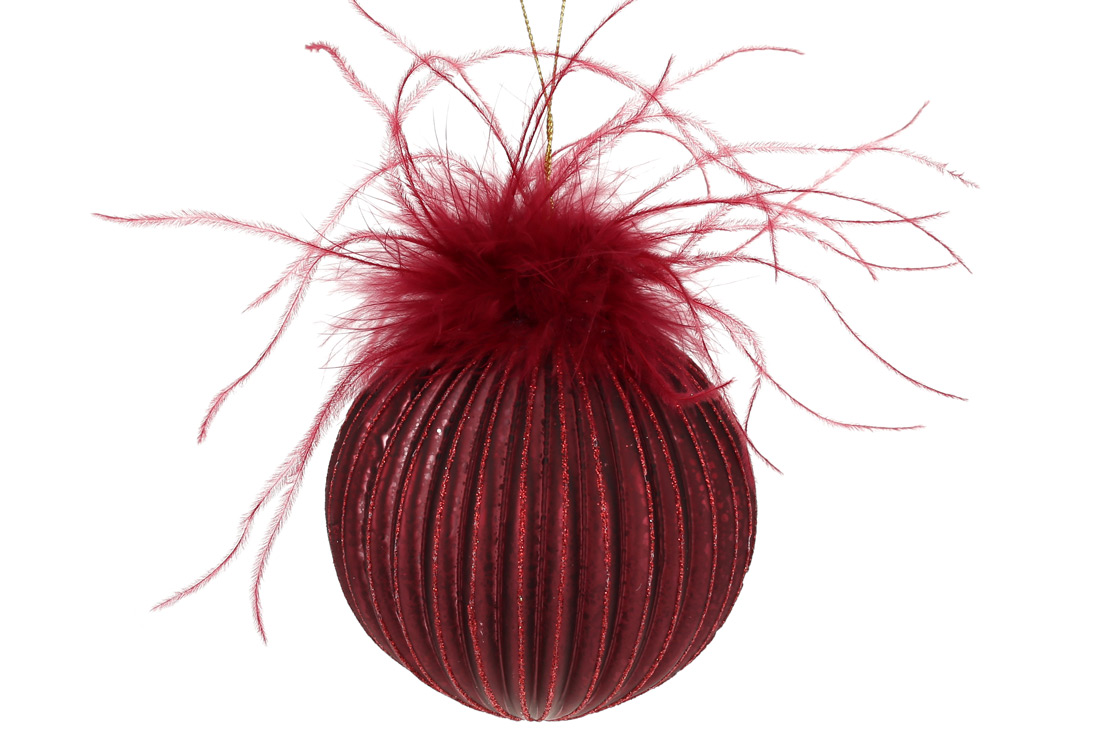 Ялинкова куля рельєфної форми з декором з пір'я та гліттера 10см, колір - бордовий - Фото