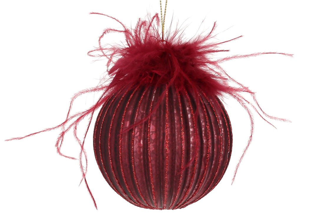 Ялинкова куля рельєфної форми з декором з пір'я та гліттера 8см, колір - бордовий - Фото