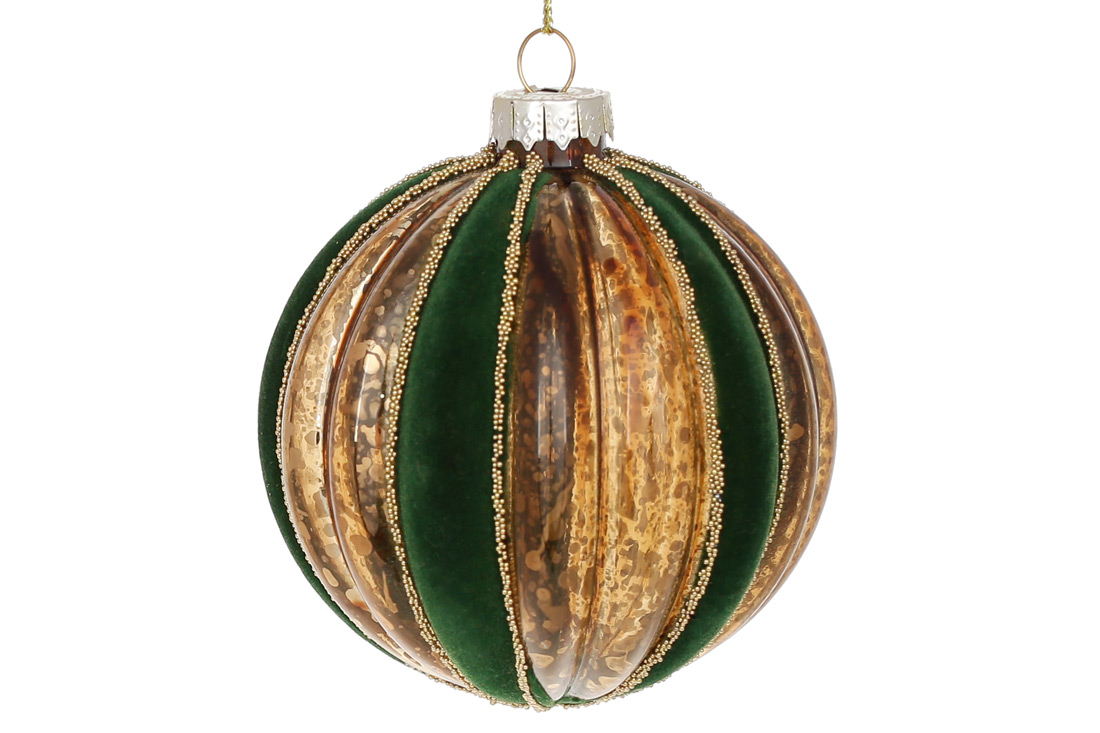 Ялинкова куля рельєфної форми з декором з оксамиту 8см, колір - темно-зелений з античним золотом - Фото