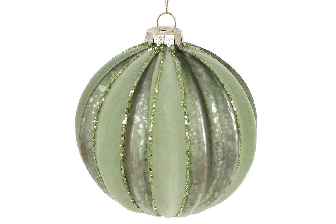 Ялинкова куля рельєфної форми з декором з гліттера та оксамиту 10см, колір - евкаліпт - Фото