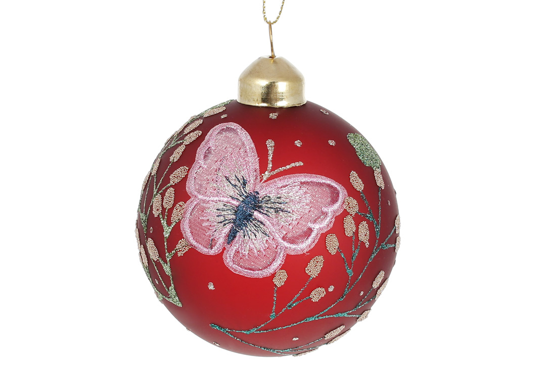 Ялинкова куля з мереживним декором "Метелик" 8см, колір - червоний - Фото