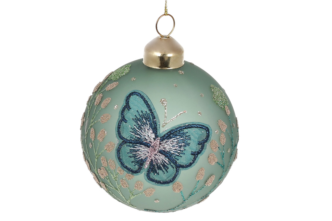 Ялинкова куля з мереживним декором "Метелик" 8см, колір - м'ятний - Фото