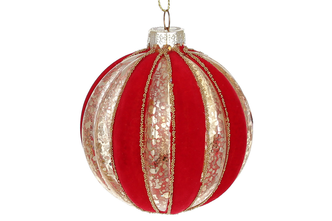 Ялинкова куля рельєфної форми "Червоний оксамит" 8см, колір - червоний з платиною - Фото