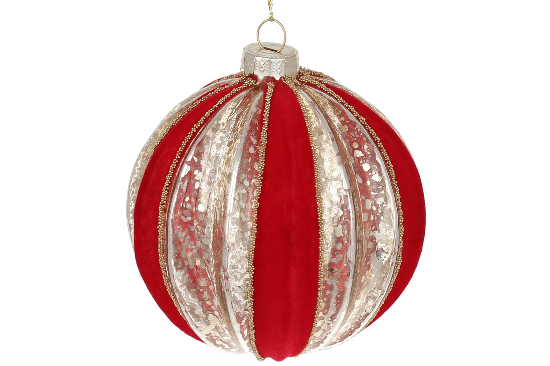 Ялинкова куля рельєфної форми "Червоний оксамит" 10см, колір - червоний з платиною - Фото