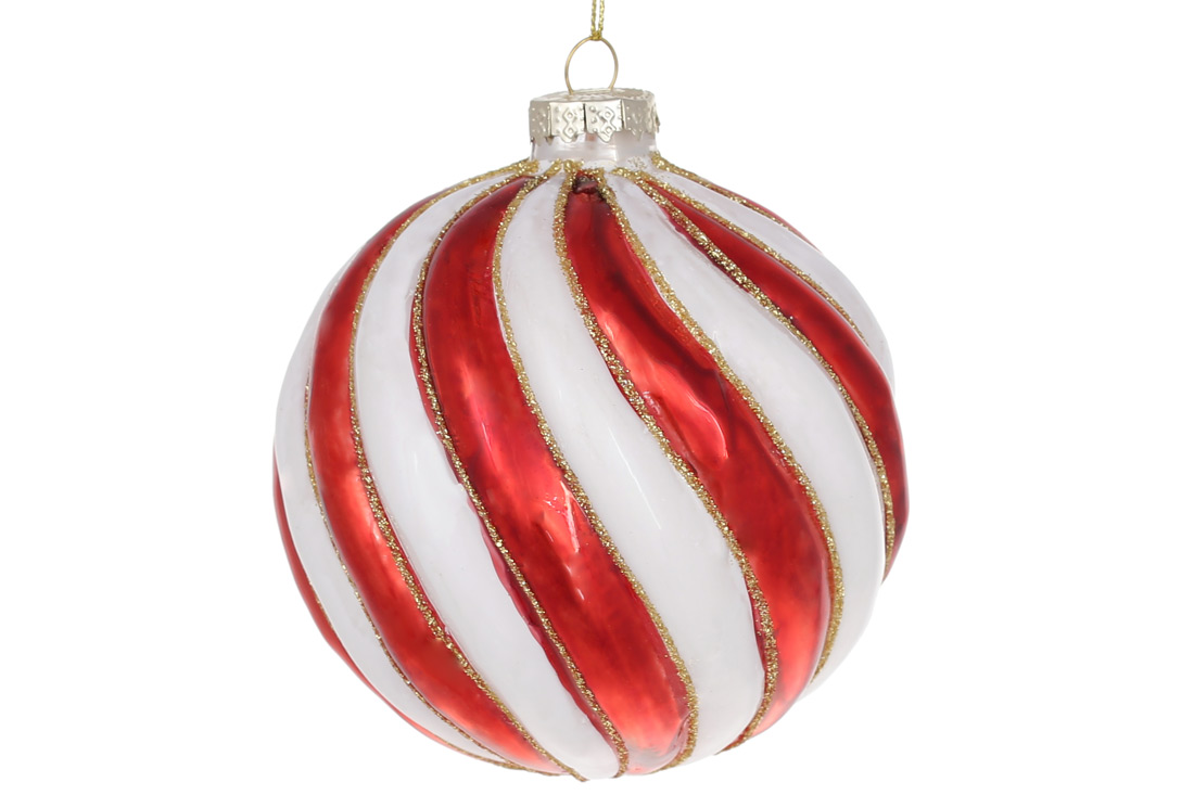Ялинкова куля рельєфної форми 10см з декором з гліттера, колір - червоно-білий - Фото
