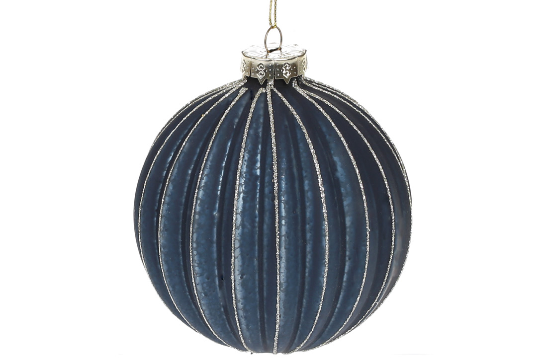 Ялинкова куля з рельєфом та декором з гліттера, 10см, колір - темно-синій антик - Фото