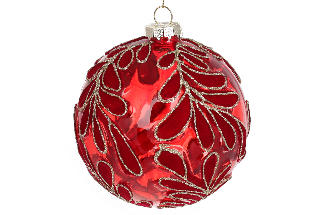 Ялинкова куля з флористичним візерунком, прозоре скло з оксамитом, 10см, колір - червоний - Фото