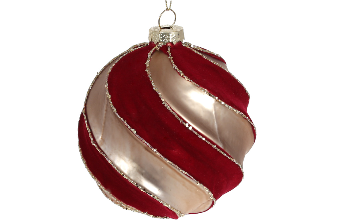 Ялинкова куля з матовим та оксамитовим покриттям 10см, колір - бордо із золотом - Фото