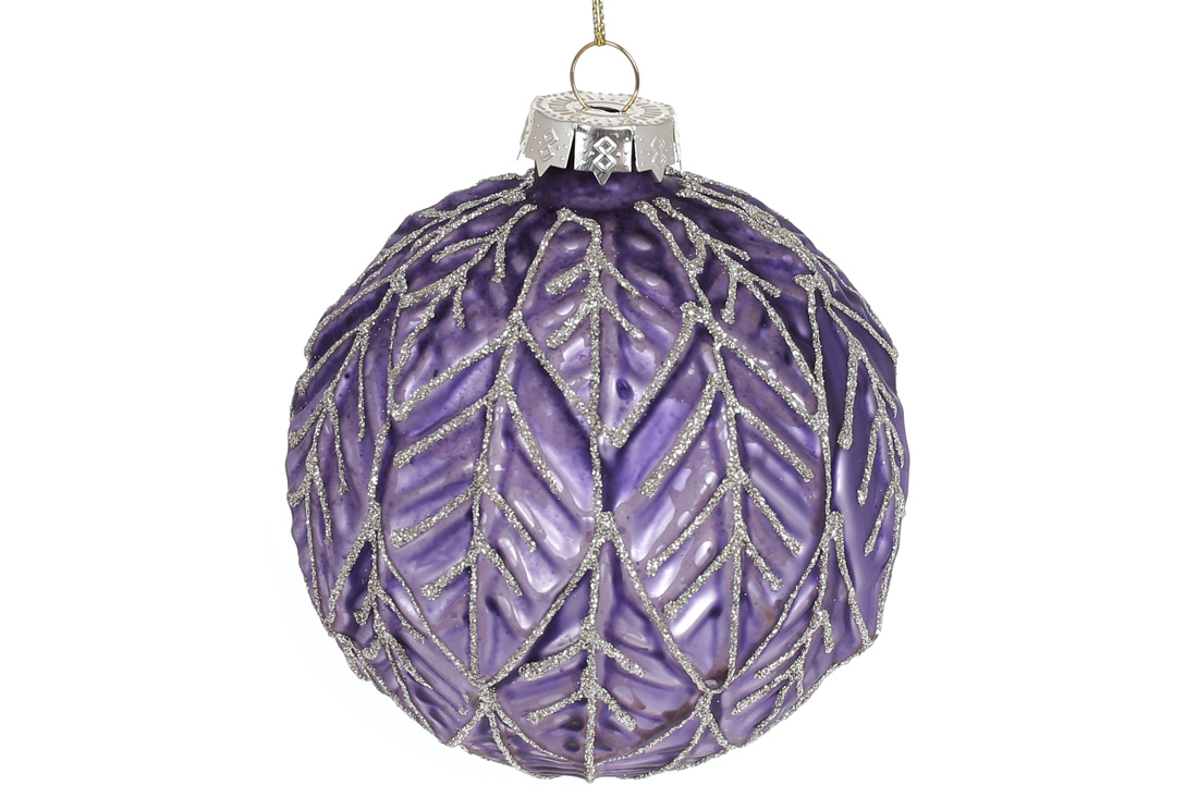 Ялинкова куля 10см з рельєфним малюнком Листя, колір - темно-ліловий - Фото