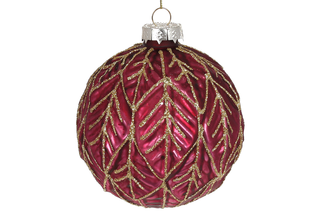 Ялинкова куля 10см з рельєфним малюнком Листя, колір - темно-червоний - Фото