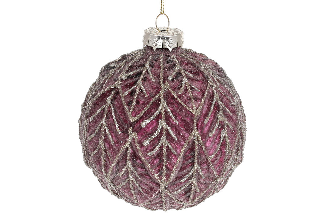 Ялинкова куля 10см з рельєфним малюнком Листя, колір - бордо - Фото