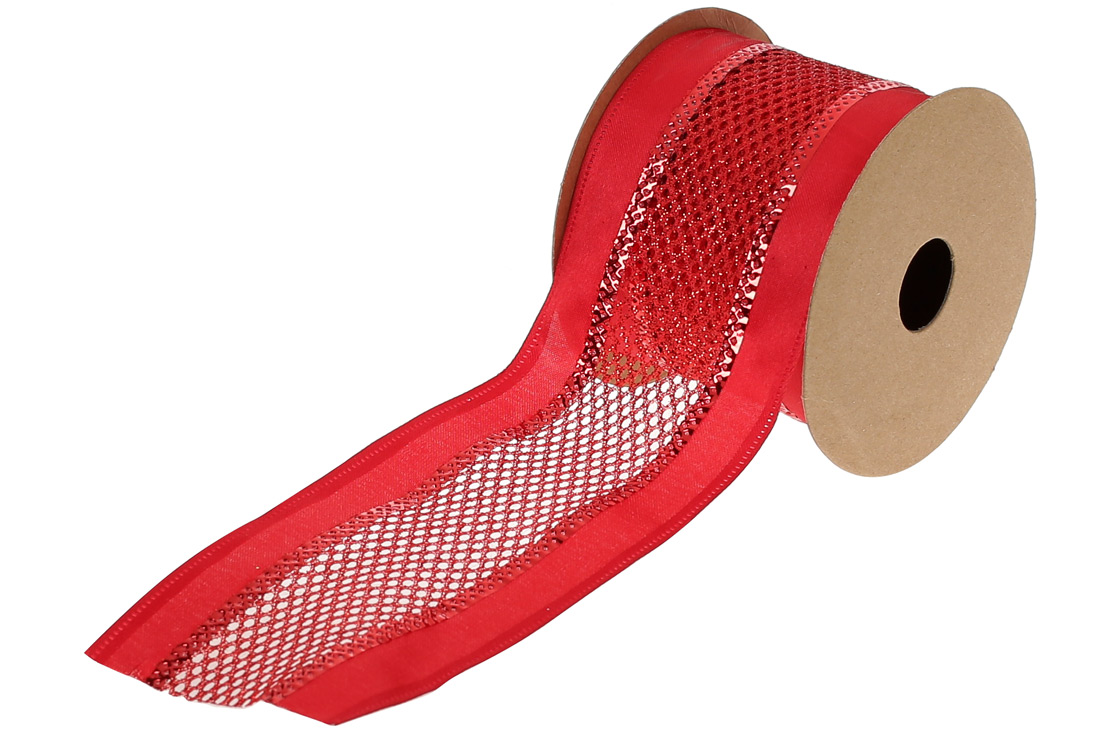 Стрічка декоративна 6.3*270см, колір - червоний із вставкою із сітки - Фото