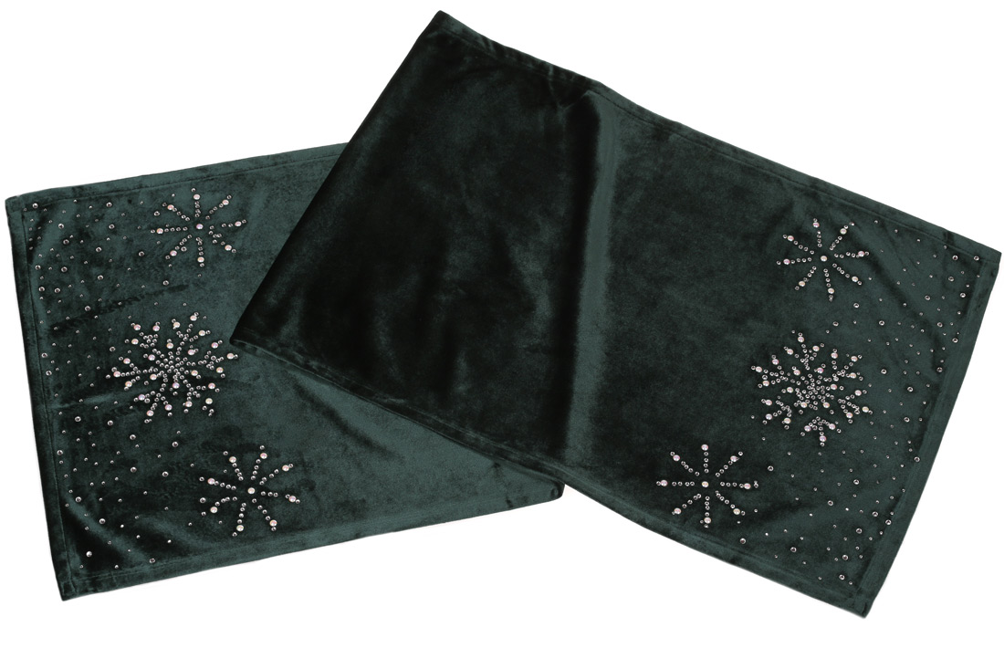 Оксамитовий раннер для святкового оформлення столу зі стразами, 140см, колір - класичний зелений - Фото