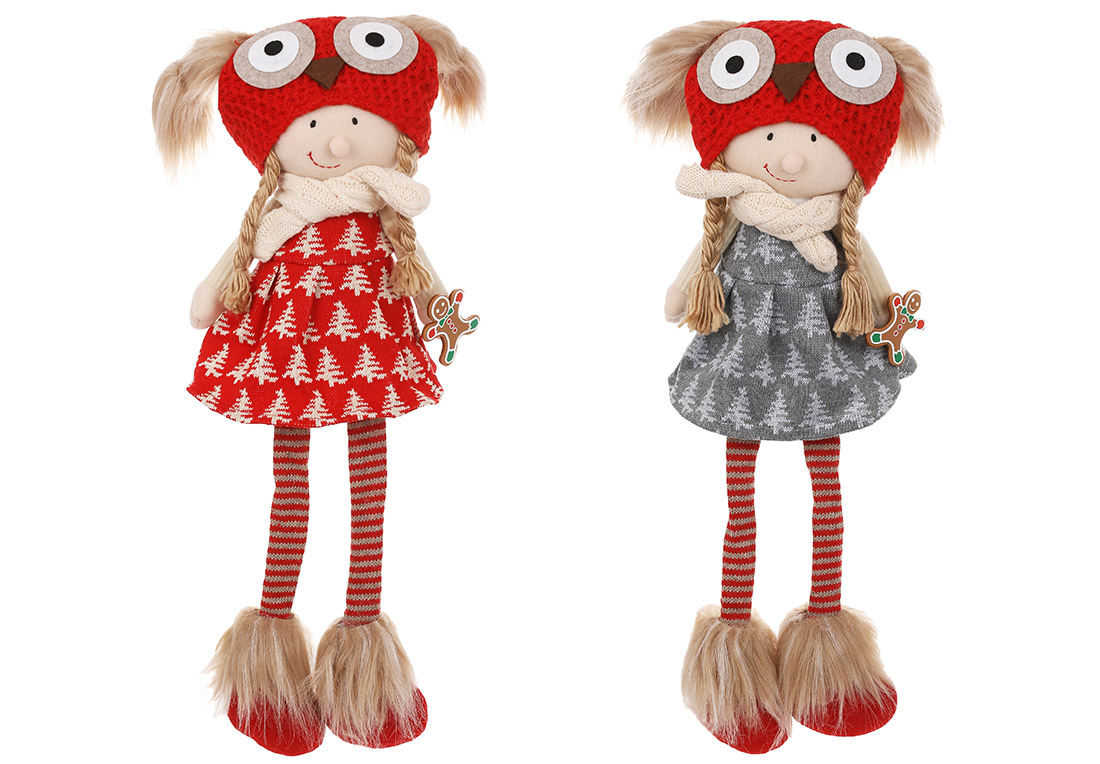 Новорічна іграшка Дівчинка в шапці сова з ніжками, що висять, 19*12*62см, 2 дизайну - Фото