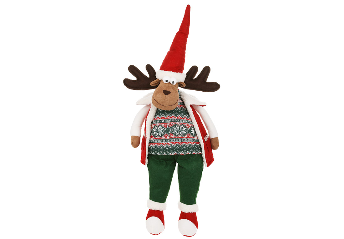 М'яка іграшка сидячий Олень у жилетці, 21*14*61см, колір - червоний із зеленим - Фото