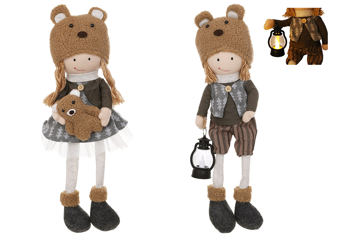 Новорічна іграшка Сидячі Діти в шапці ведмедика з LED, 14*10*47см, 2 види: Дівчинка та Хлопчик - Фото