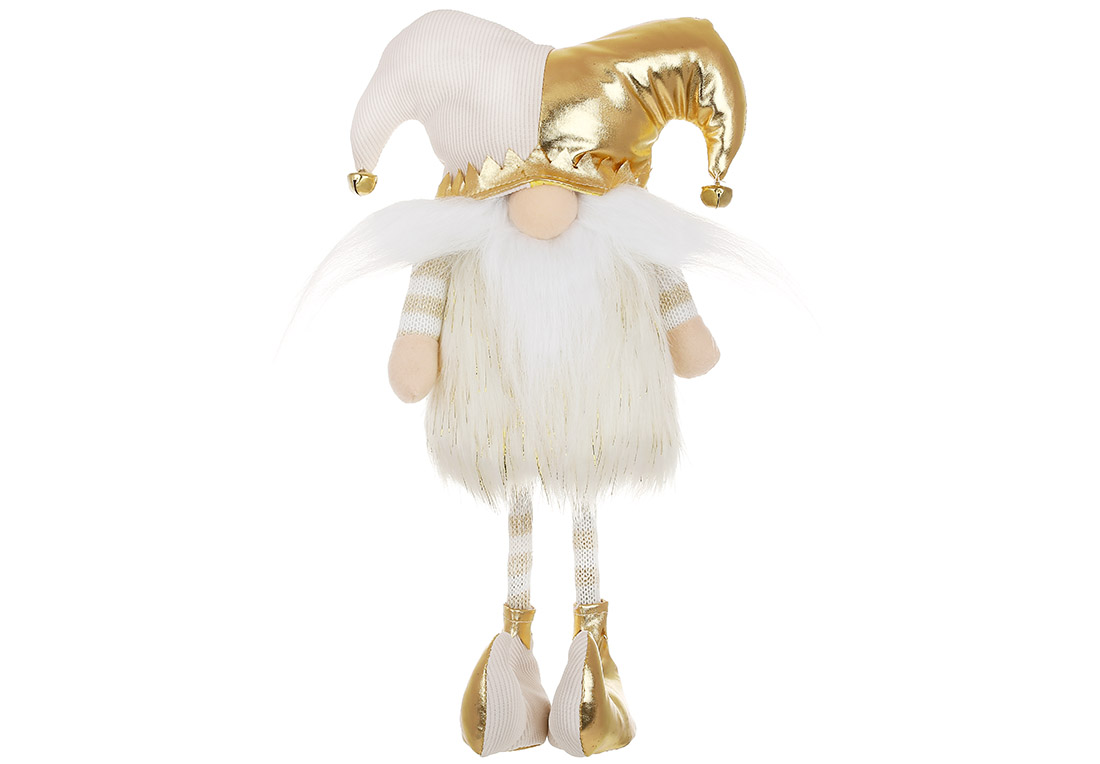 М'яка новорічна іграшка Гном-Клоун з вусами, 19*12*33см, колір - кремовий з золотом - Фото