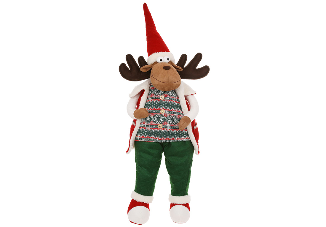 М'яка іграшка сидячий Олень у жилетці, 31*22*85см, колір - червоний із зеленим - Фото
