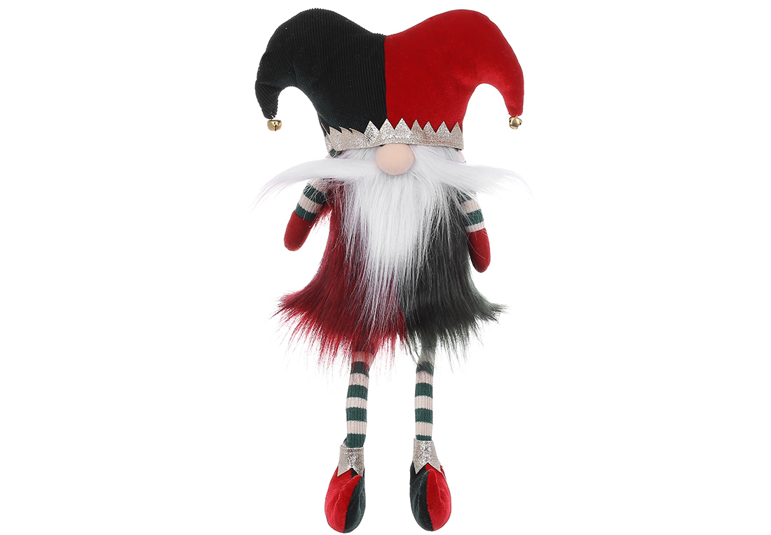 М'яка новорічна іграшка Сидячий Гном-Клоун з вусами, 23*13*43см, колір - червоний з зеленим - Фото