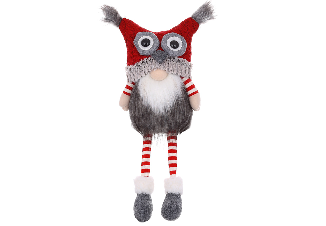 М'яка іграшка Сидячий Гном у шапці сова, колір - червоний з сірим, 19*12*44см - Фото