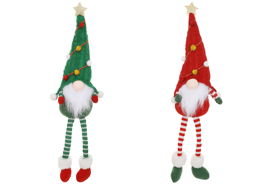 М'яка новорічна іграшка Гном з ніжками, що висять 56см, 2 дизайни, колір - червоний з зеленим - Фото