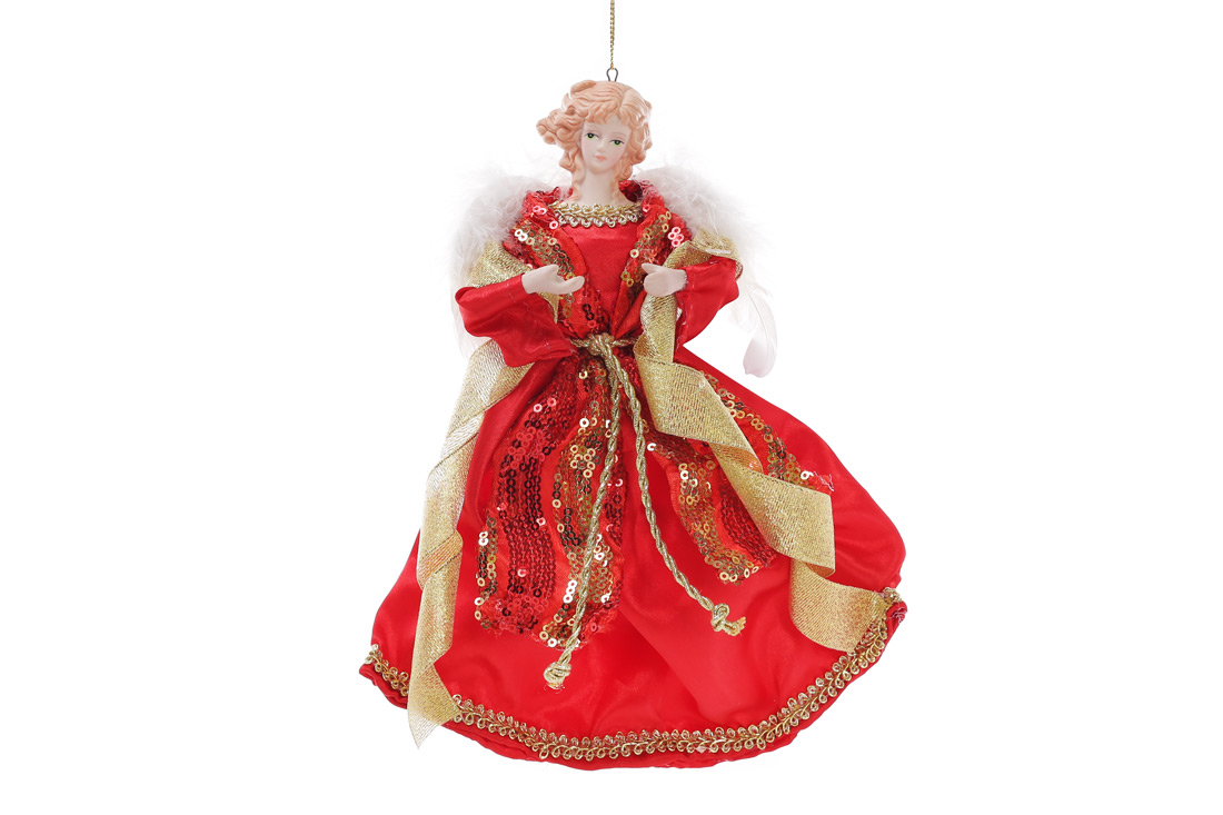 Новорічна фігурка-підвіска Янгол 23см, колір - червоний із золотом - Фото