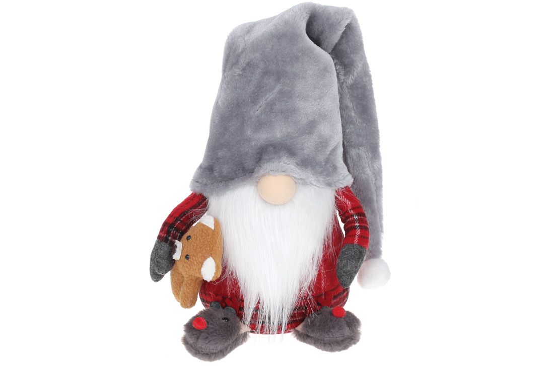 М'яка іграшка Гном з ведмедиком, 71см, колір - сірий з червоним - Фото