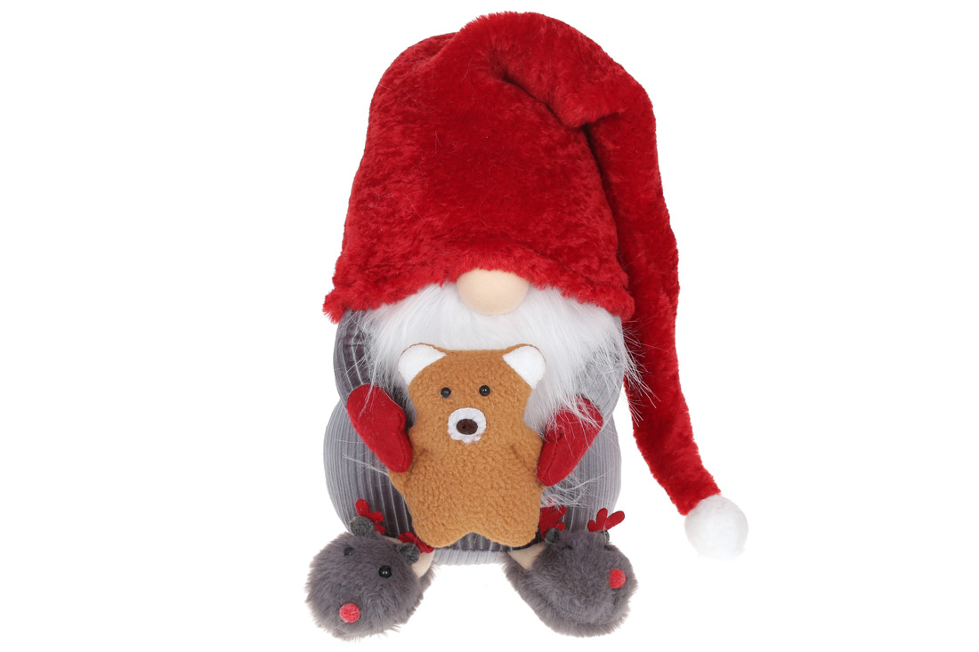 М'яка іграшка Гном з ведмедиком, 72см, колір - червоний з сірим - Фото