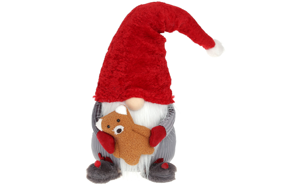М'яка іграшка Гном з ведмедиком, 55см, колір - червоний з сірим - Фото