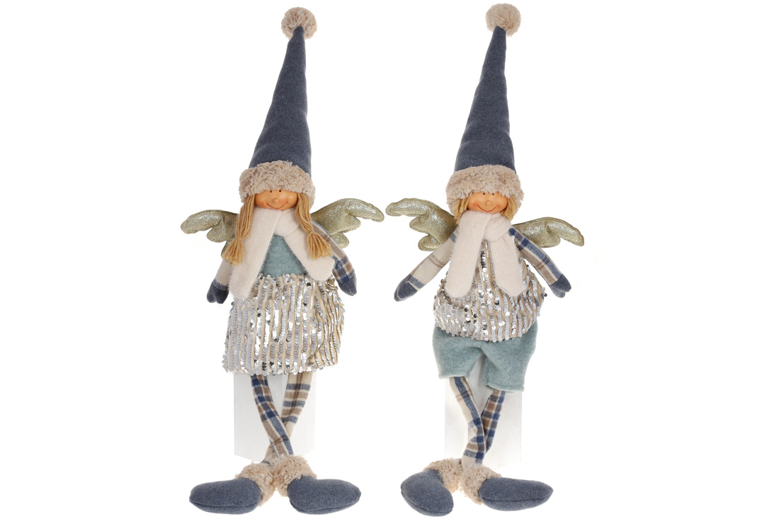 М'яка новорічна іграшка Сидячий Янгол, 85см, 2 дизайни: Дівчинка та Хлопчик, колір - синій та паєтки шампань - Фото