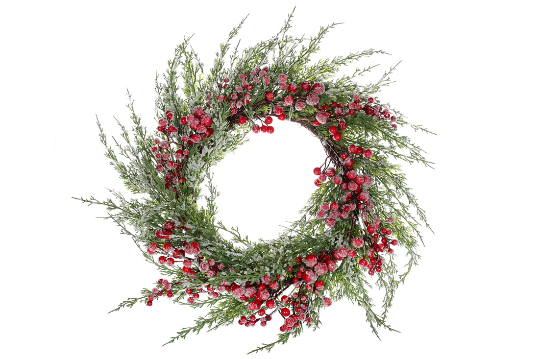 Новорічний вінок з хвої та червоних ягід у льоду, 65см - Фото