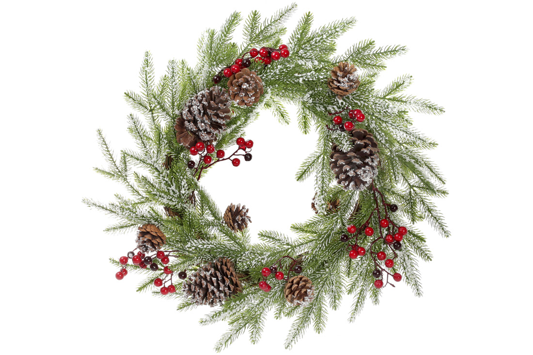 Вінок зі штучної хвої в снігу з червоними ягодами та шишками 56см - Фото