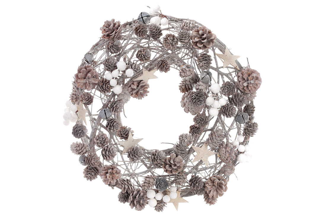 Вінок із натуральних шишок з декором, колір - натуральний із білим - Фото