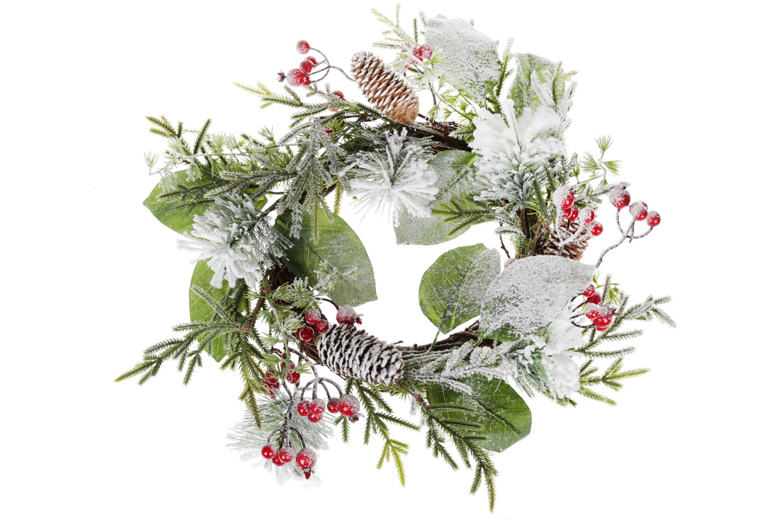 Декоративний вінок із штучного листя та ягід із шишками, 40см, колір - засніжений зелений - Фото