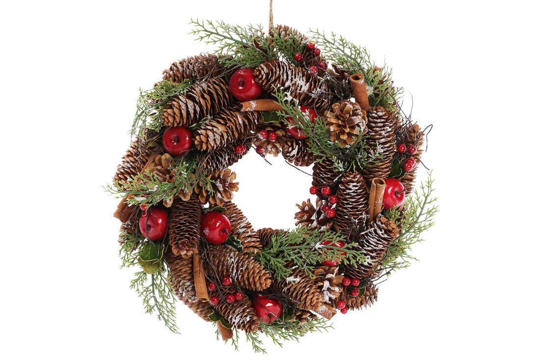 Вінок новорічний 35см з декором з ягід та шишок - Фото