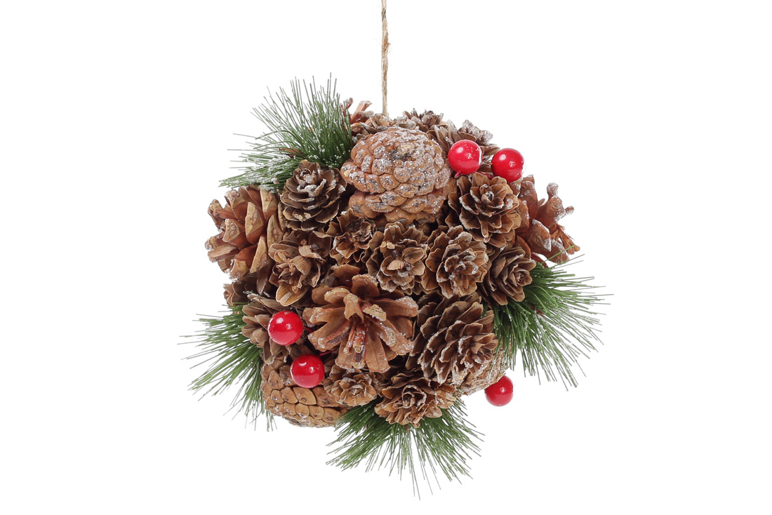 Новорічна прикраса Куля 13.5см з декором з шишок та ягід - Фото
