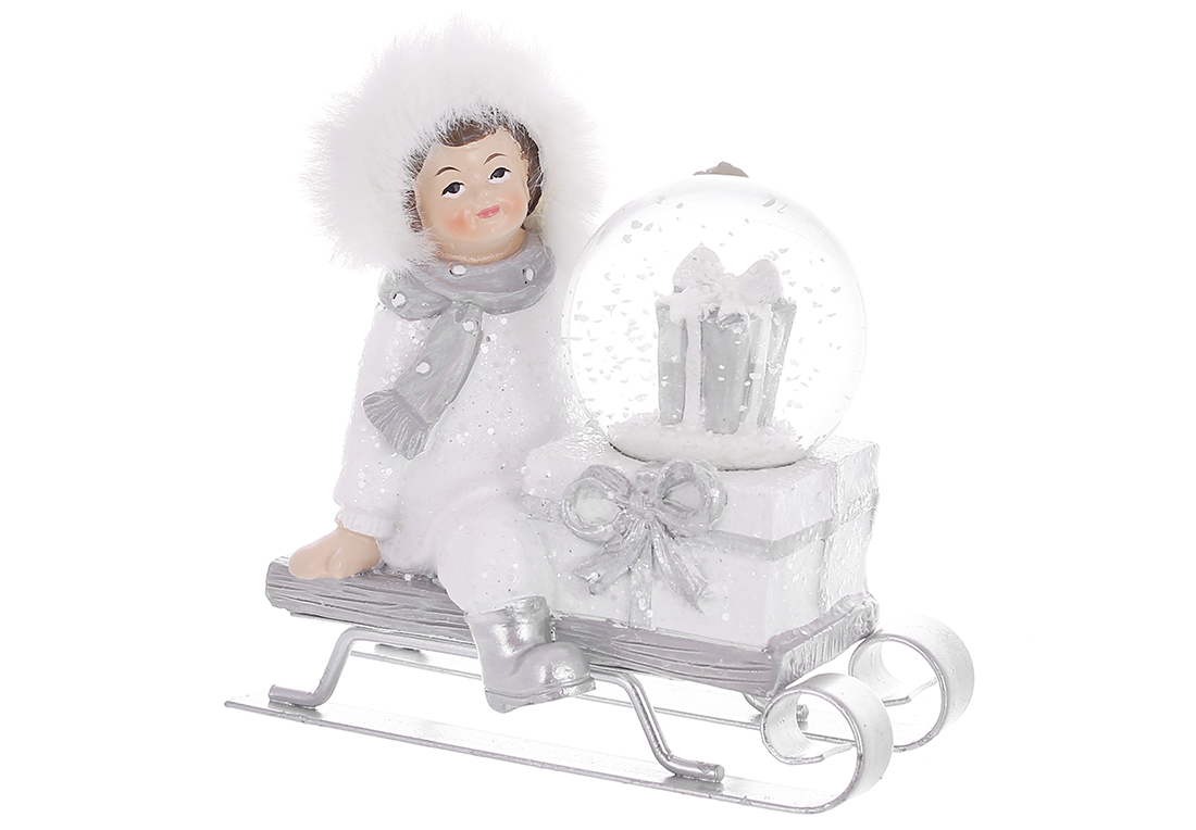 Декоративна статуетка з водяною кулею Хлопчик на санчатах з подарунками 10.5х11см - Фото