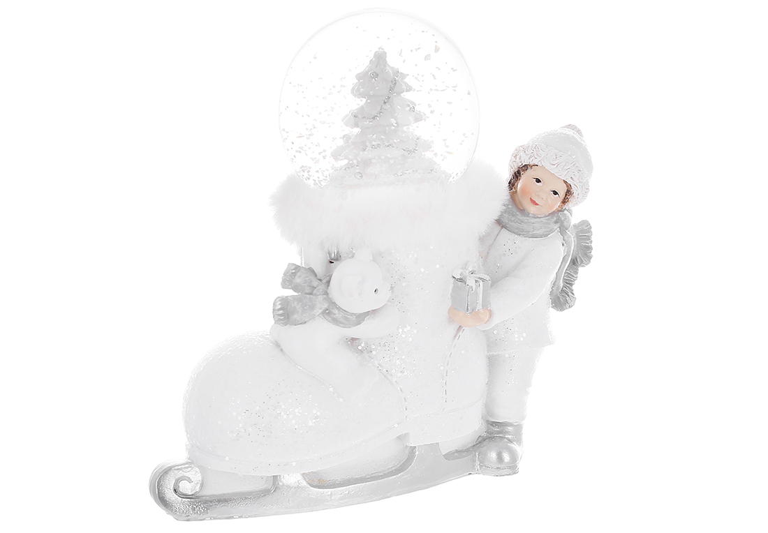 Декоративна статуетка з водяною кулею Хлопчик з ковзаном та ведмедиком 16х15см - Фото
