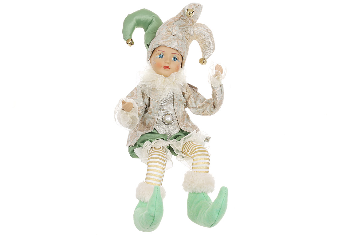 Новорічна музична іграшка Арлекін (з функцією руху голови), 40.6см, колір - золото із зеленим - Фото