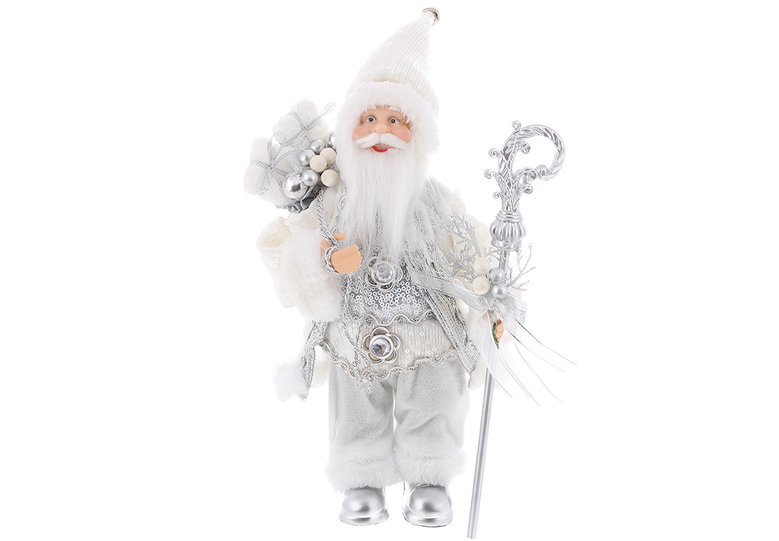 Новорічна фігура Санта з подарунками, 30см, колір - білий зі сріблом - Фото