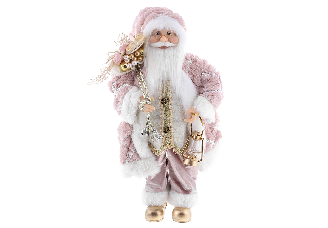 Новорічна фігура Санта з подарунками та ліхтариком, 45см, колір - рожевий з білим. - Фото