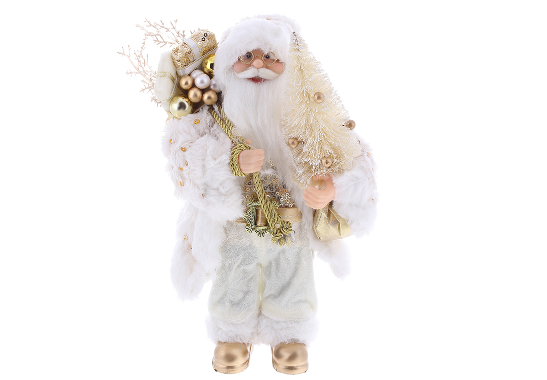 Новорічна фігура Санта з подарунками та ялинкою, 30см, колір - білий із золотом з паєтками - Фото