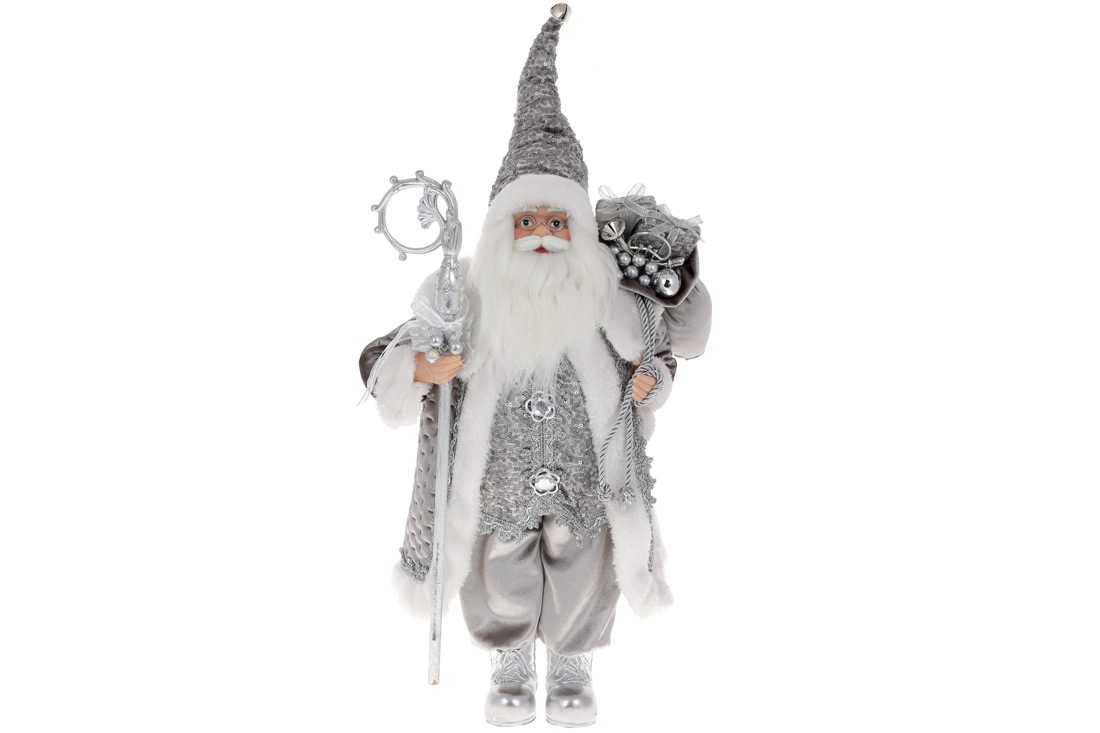 Новорічна фігура Санта з подарунками, 45см, колір - срібло сталеве з паєтками. - Фото