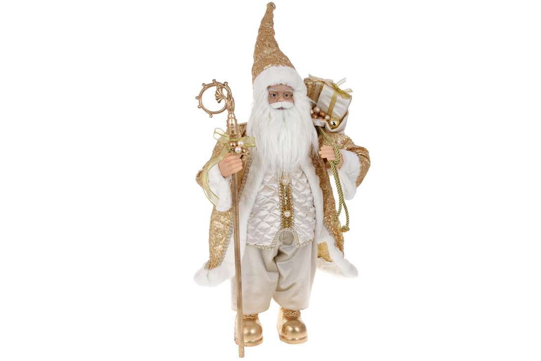 Новорічна фігура Санта з подарунками, 60см, колір - золотистий шампань з паєтками. - Фото