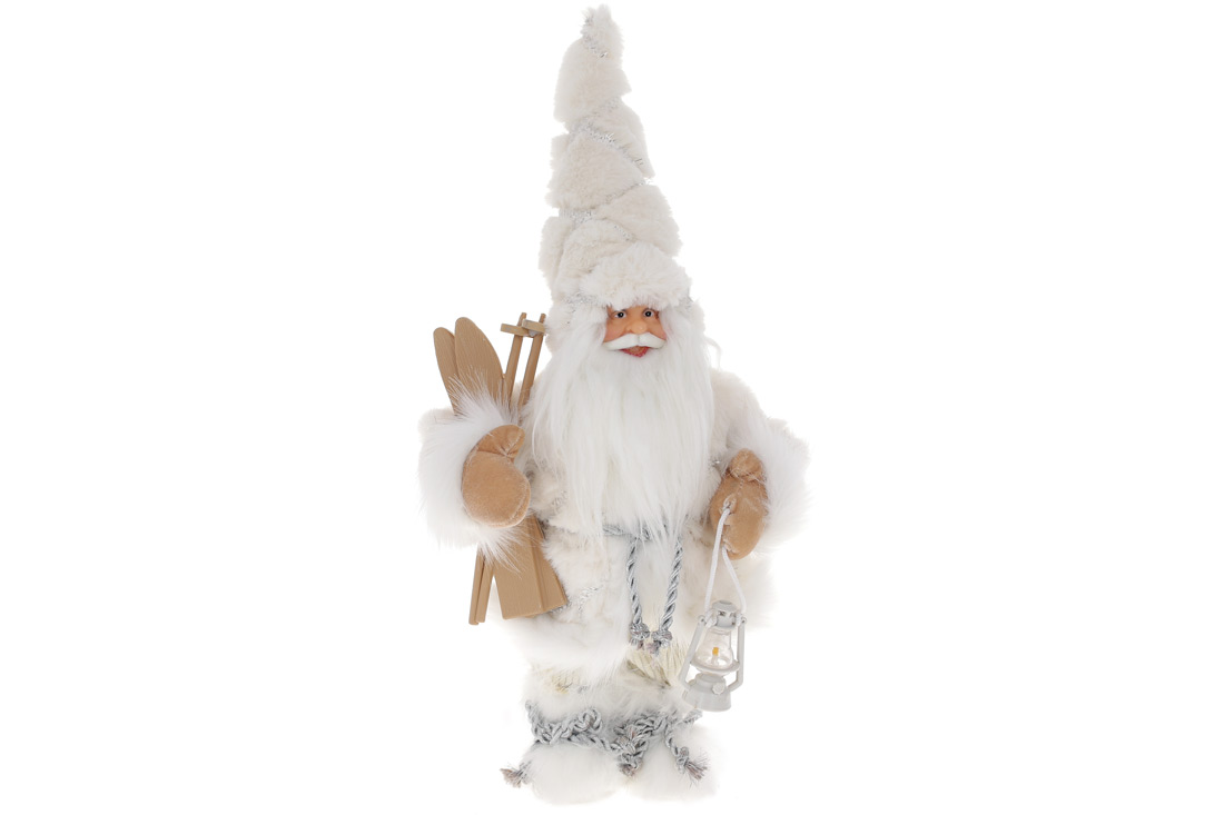 Новорічна фігура Санта з лижами та ліхтариком, 30см, колір - білий - Фото