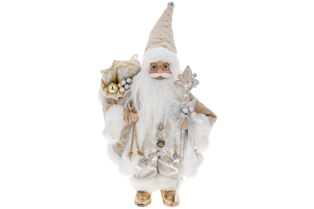 Новорічна фігура Санта з подарунками 30см, колір - шампань із білим. - Фото