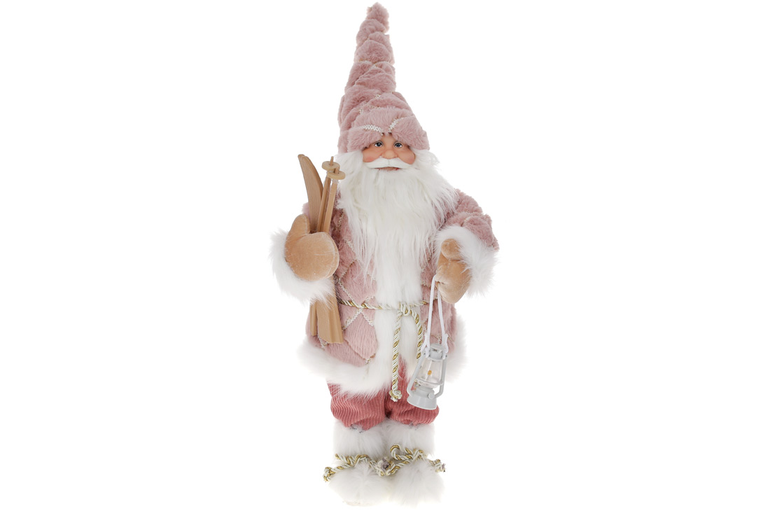 Новорічна фігура Санта з лижами та ліхтариком, 45см, колір - рожевий з білим. - Фото