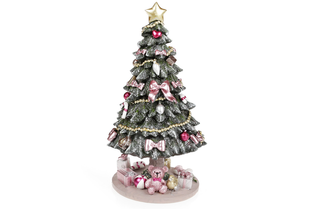 Декоративна фігурка Ялинка ошатна з обертанням та музичним заводним механізмом, 23см, колір - рожевий - Фото